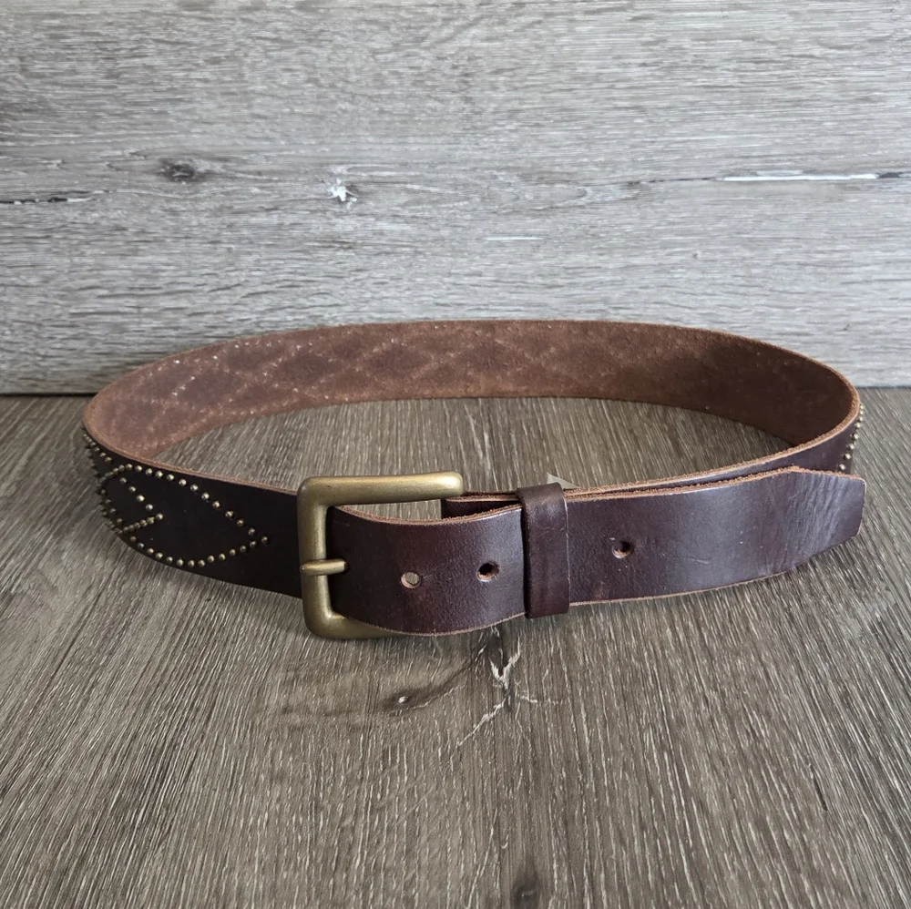Old Navy Brown Studded Leather Belt with Brass Buckle Medium